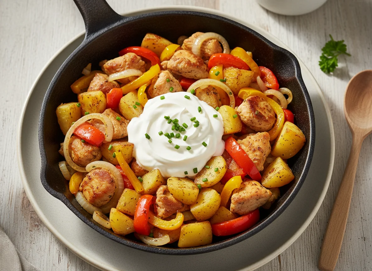 Hähnchen-Gemüse-Pfanne mit Kartoffeln und Sauerrahm photo