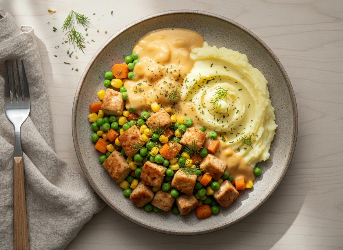 Hähnchen-Gemüse-Pfanne mit Kartoffelpüree und Käsesauce photo