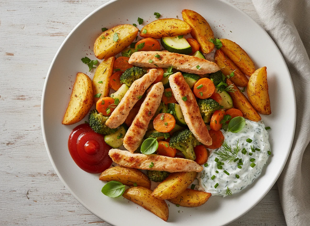 Hähnchen-Gemüse-Pfanne mit Kartoffelspalten photo