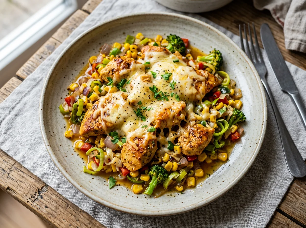 Hähnchen-Gemüse-Pfanne mit Käse photo