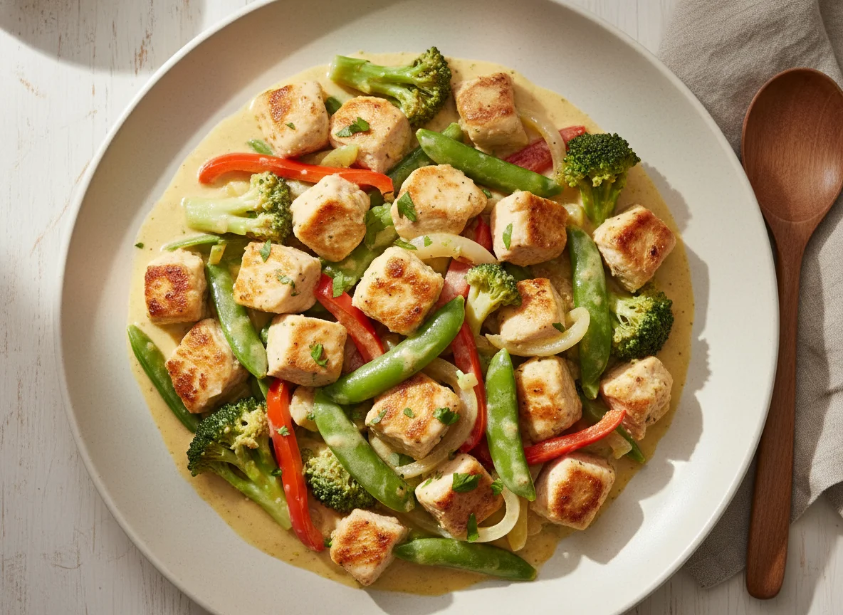Hähnchen-Gemüse-Pfanne mit Kokos-Curry-Sauce photo