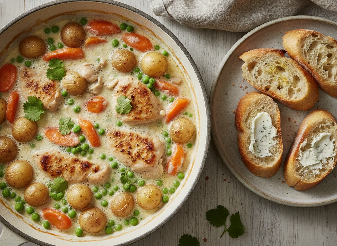 Hähnchen-Gemüse-Pfanne mit Kokosmilch und Baguette photo
