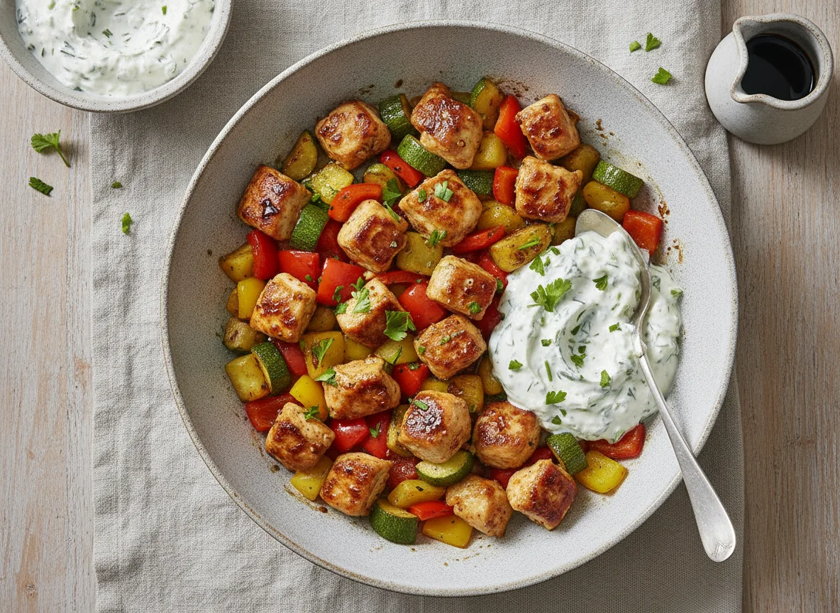 Hähnchen-Gemüse-Pfanne mit Kräuterquark photo