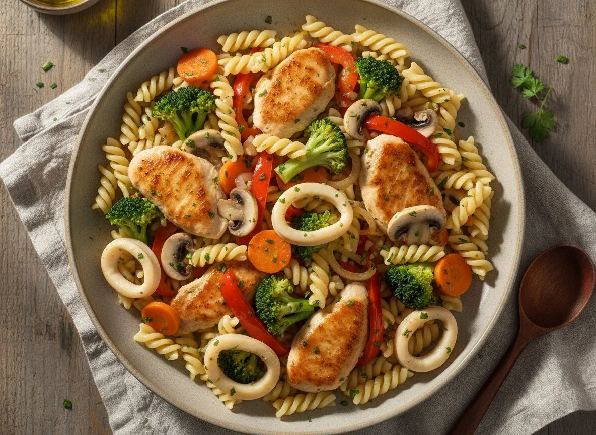 Hähnchen-Gemüse-Pfanne mit Nudeln photo