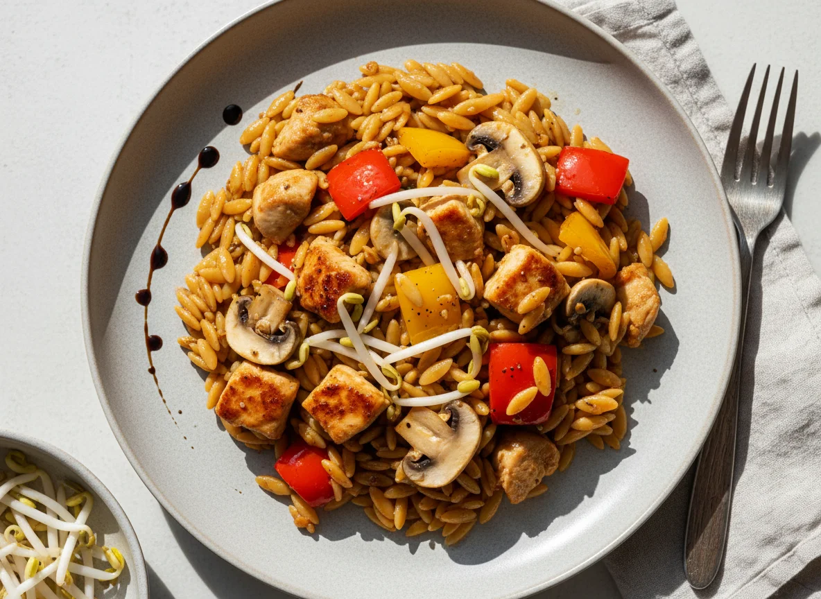 Hähnchen-Gemüse-Pfanne mit Orzo-Nudeln photo