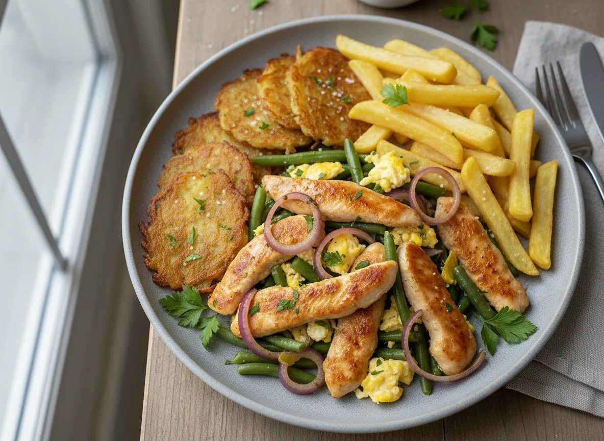 Hähnchen-Gemüse-Pfanne mit Pommes Frites photo