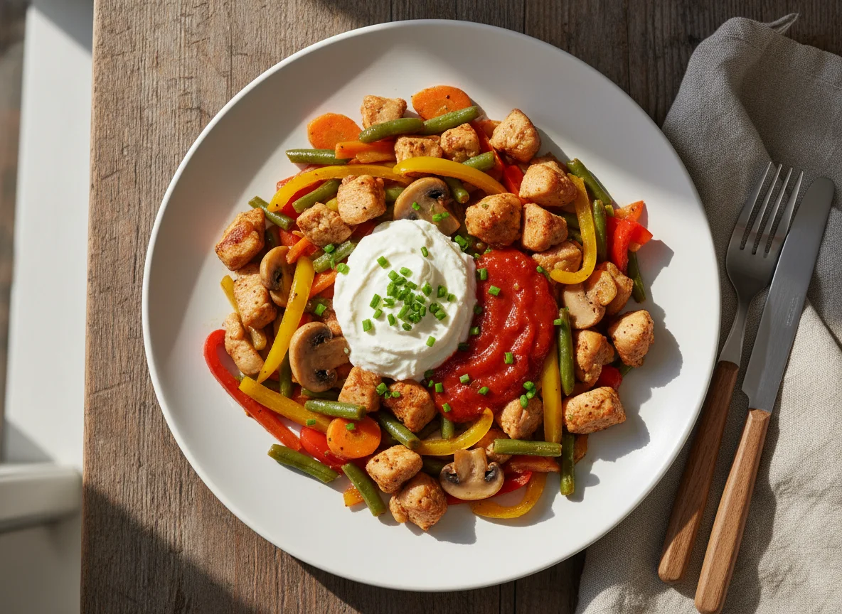 Hähnchen-Gemüse-Pfanne mit Quark und Chilisauce photo