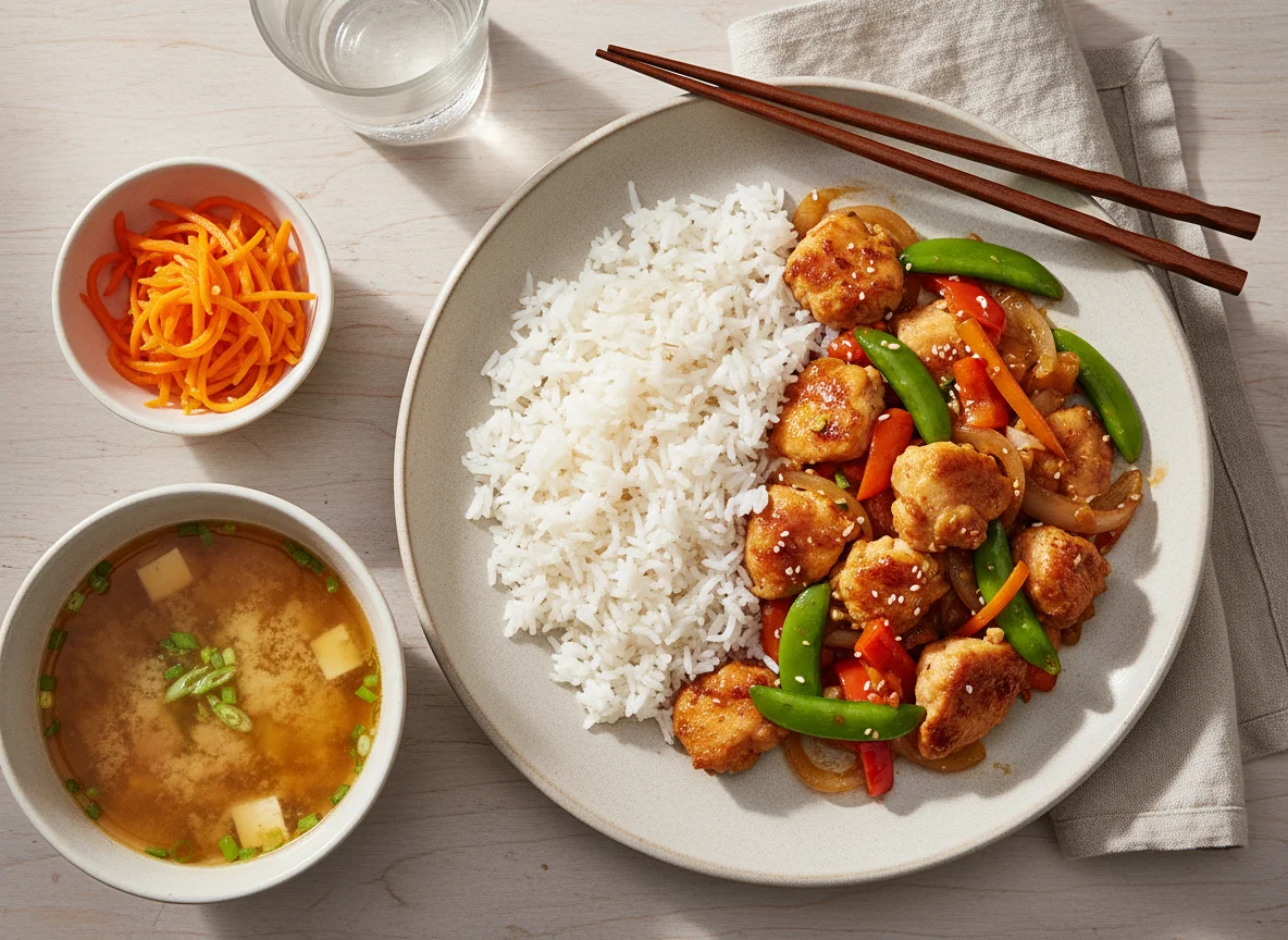 Hähnchen-Gemüse-Pfanne mit Reis und Beilagen photo