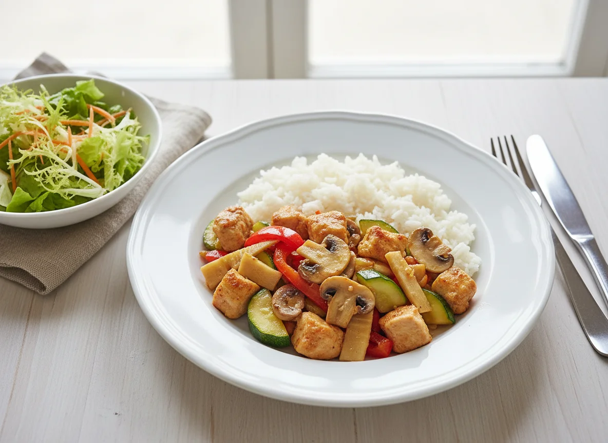 Hähnchen-Gemüse-Pfanne mit Reis und Beilagensalat photo