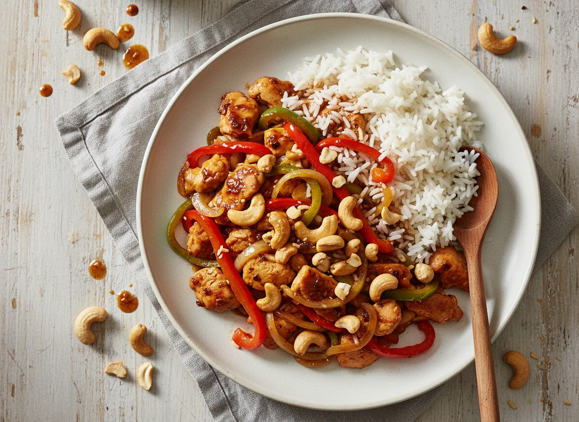 Hähnchen-Gemüse-Pfanne mit Reis und Cashewkernen photo
