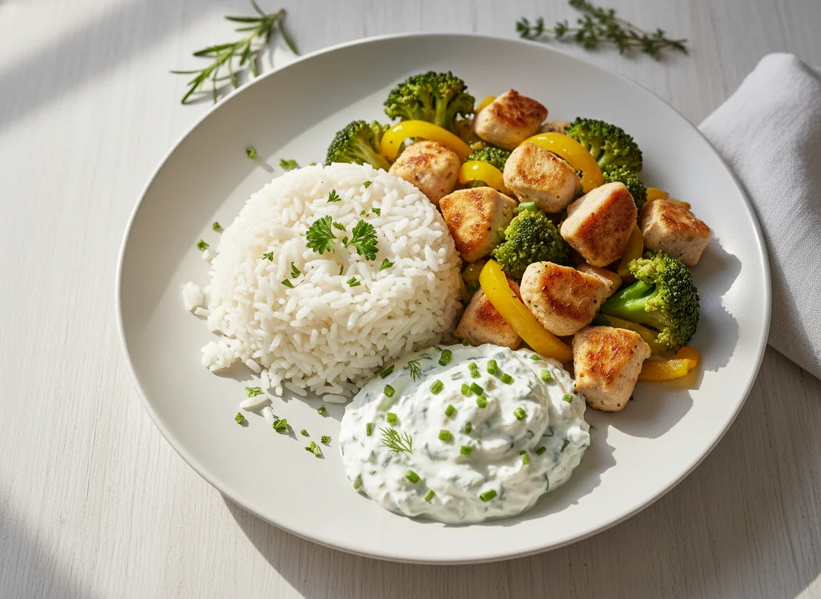 Hähnchen-Gemüse-Pfanne mit Reis und Kräuterquark photo