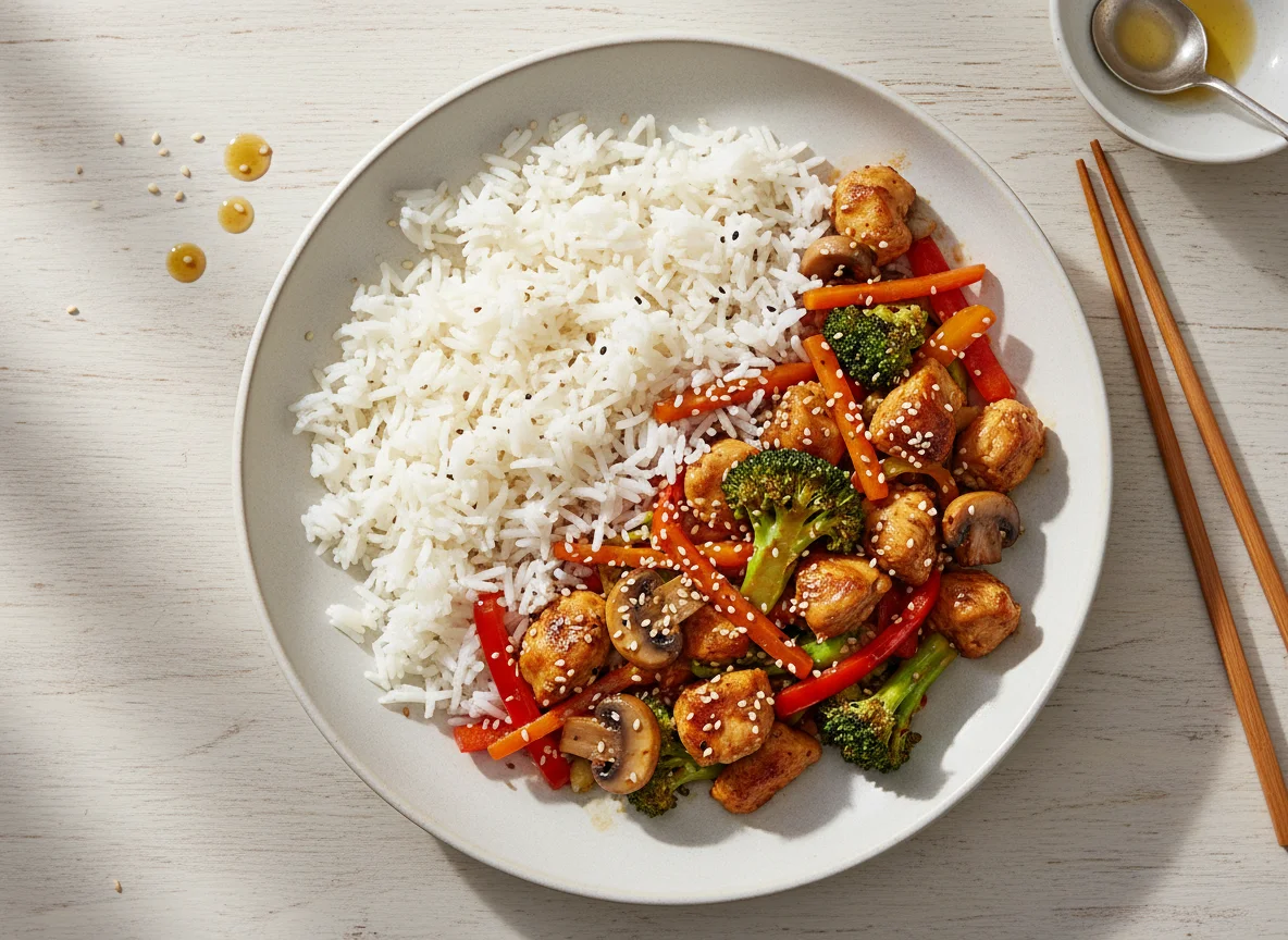 Hähnchen-Gemüse-Pfanne mit Reis und Sesam photo