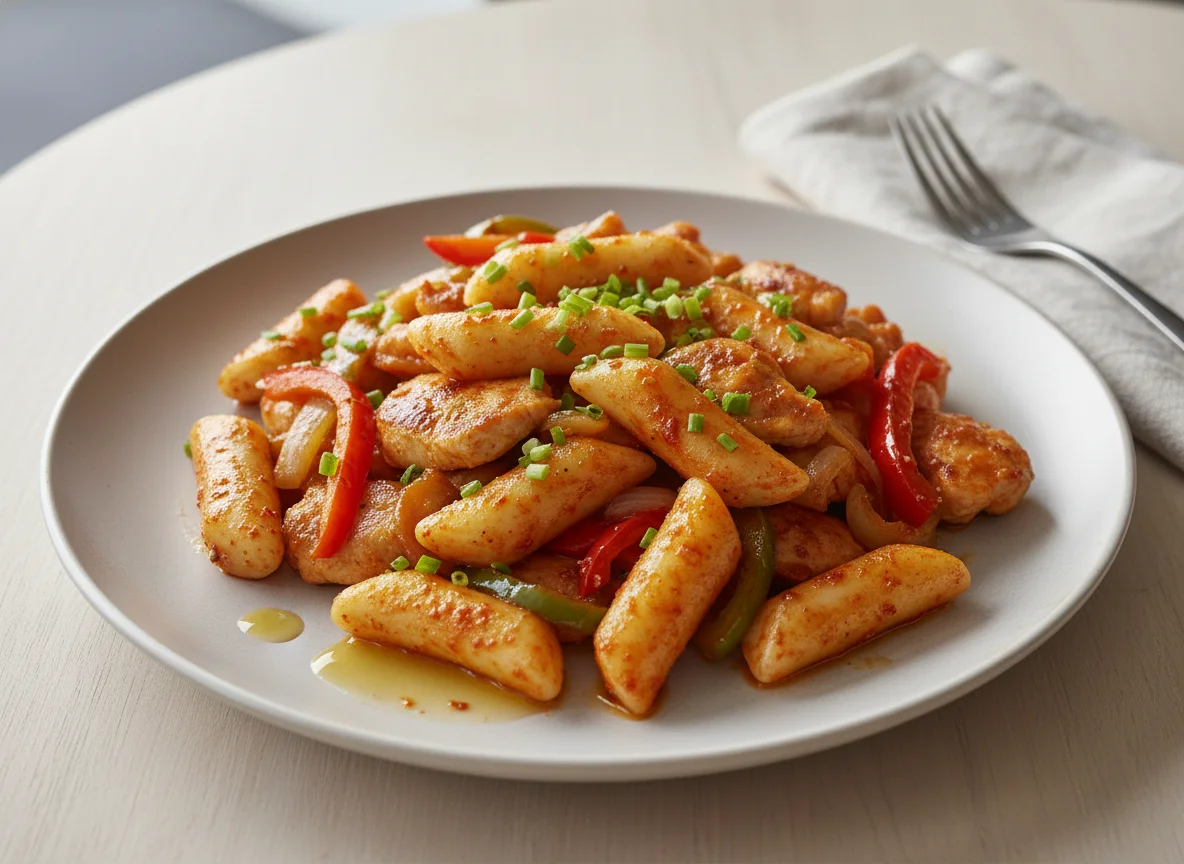 Hähnchen-Gemüse-Pfanne mit Reiskuchen photo