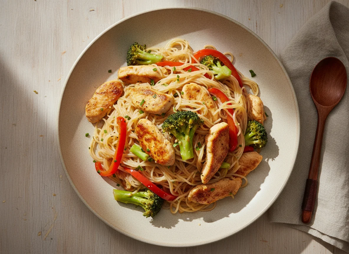 Hähnchen-Gemüse-Pfanne mit Reisnudeln photo