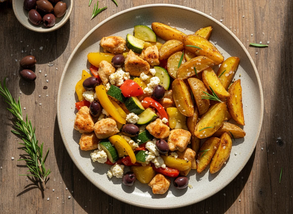 Hähnchen-Gemüse-Pfanne mit Rosmarinkartoffeln photo