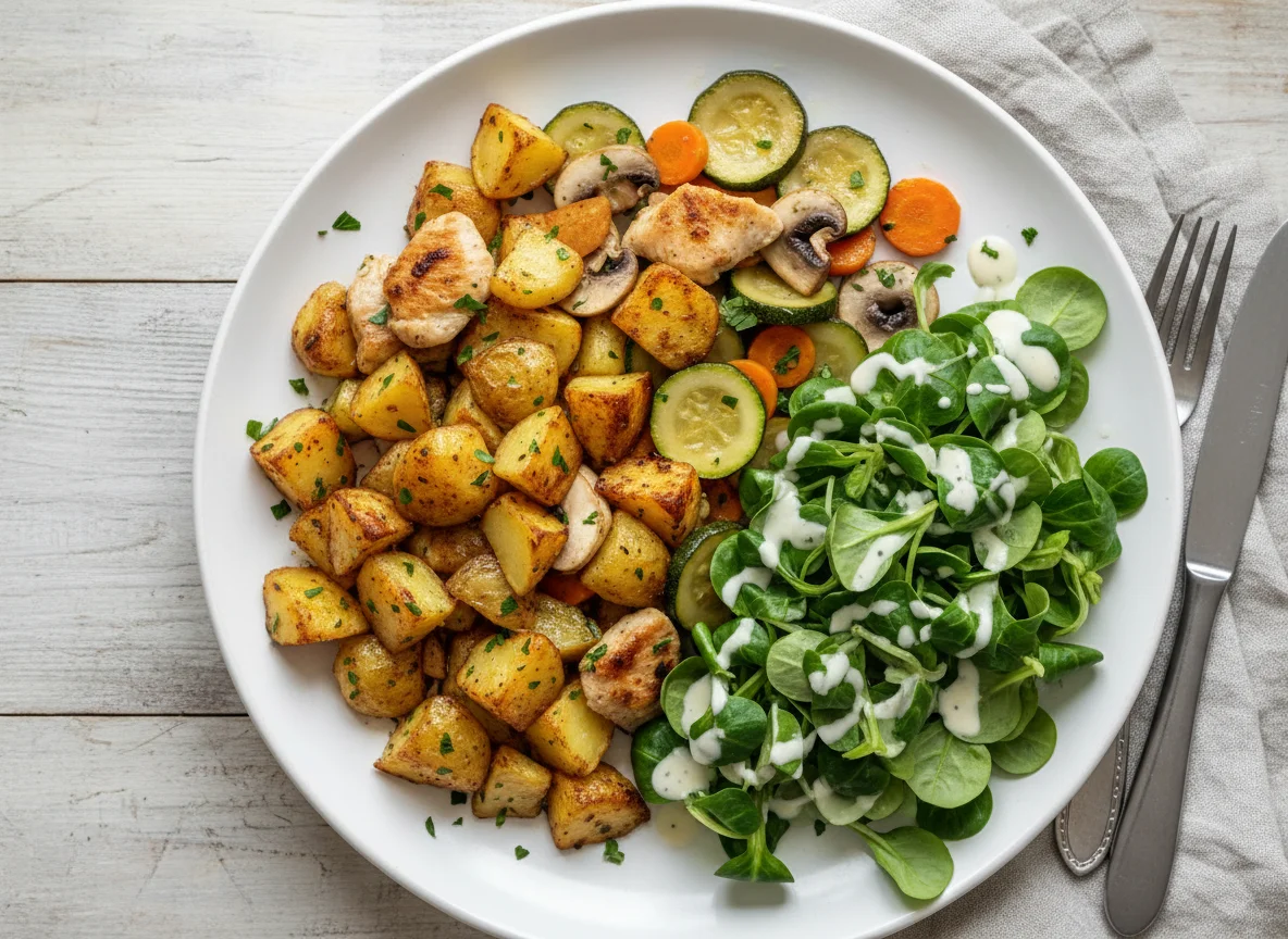 Hähnchen-Gemüse-Pfanne mit Röstkartoffeln und Feldsalat photo