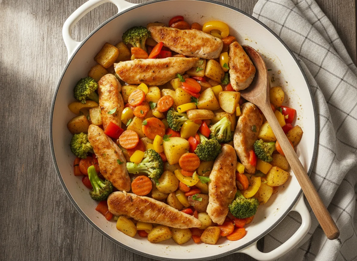 Hähnchen-Gemüse-Pfanne mit Röstkartoffeln photo