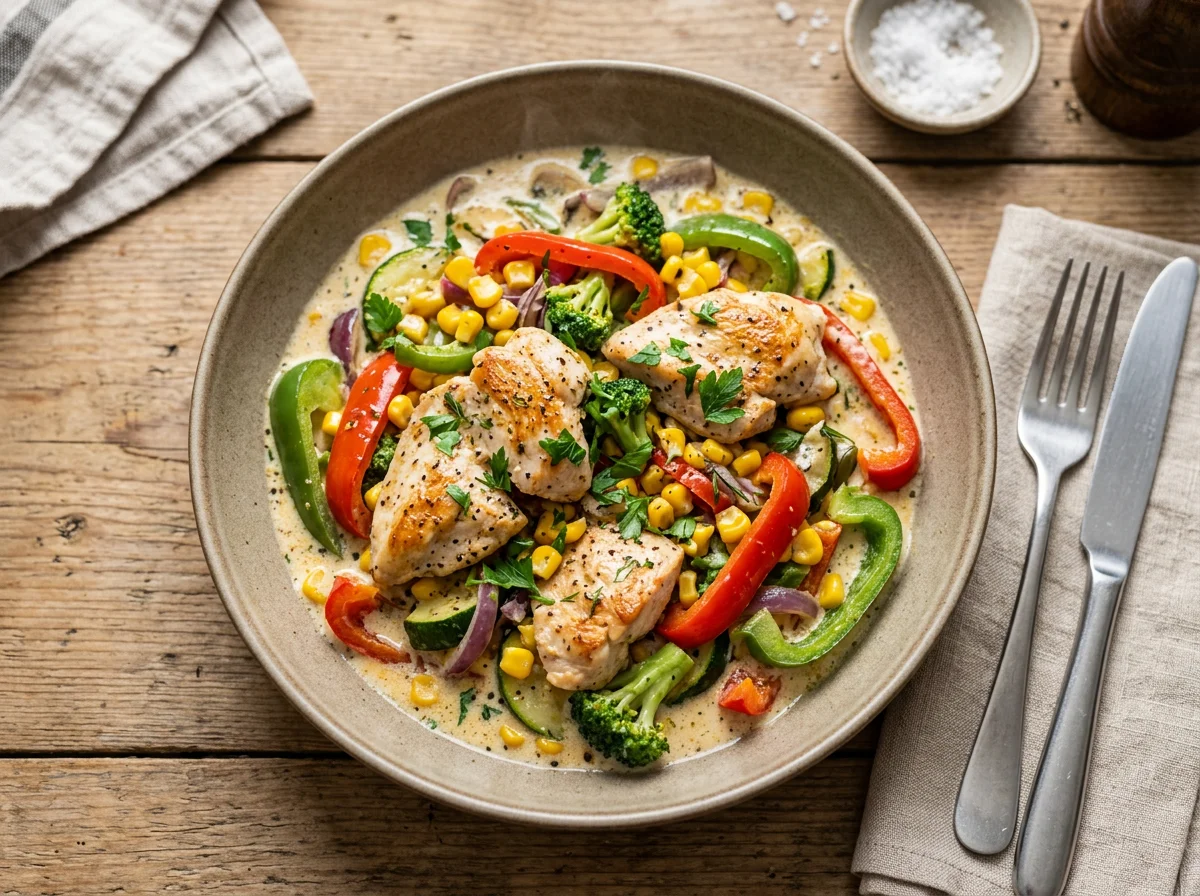 Hähnchen-Gemüse-Pfanne mit Sahnesauce photo