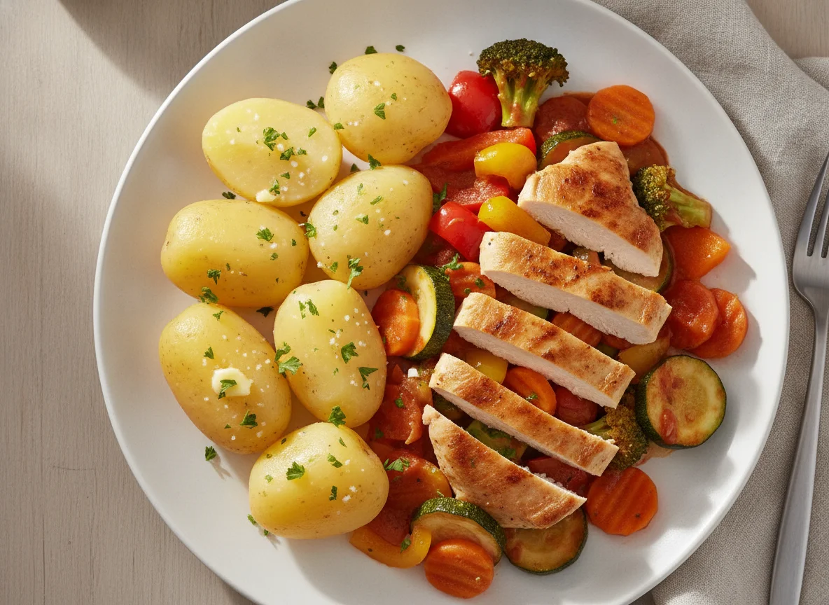 Hähnchen-Gemüse-Pfanne mit Salzkartoffeln photo