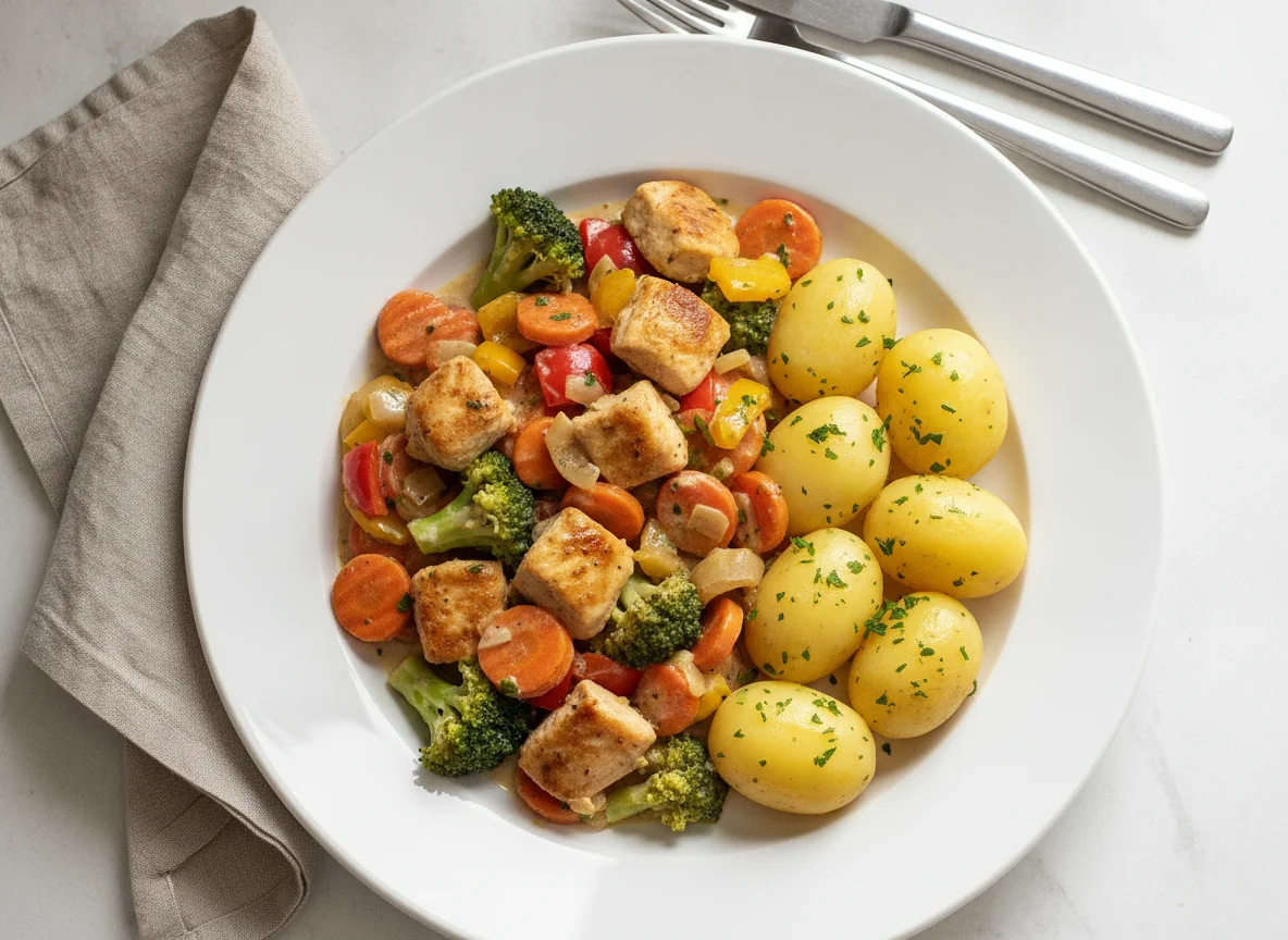 Hähnchen-Gemüse-Pfanne mit Salzkartoffeln und Brokkoli photo