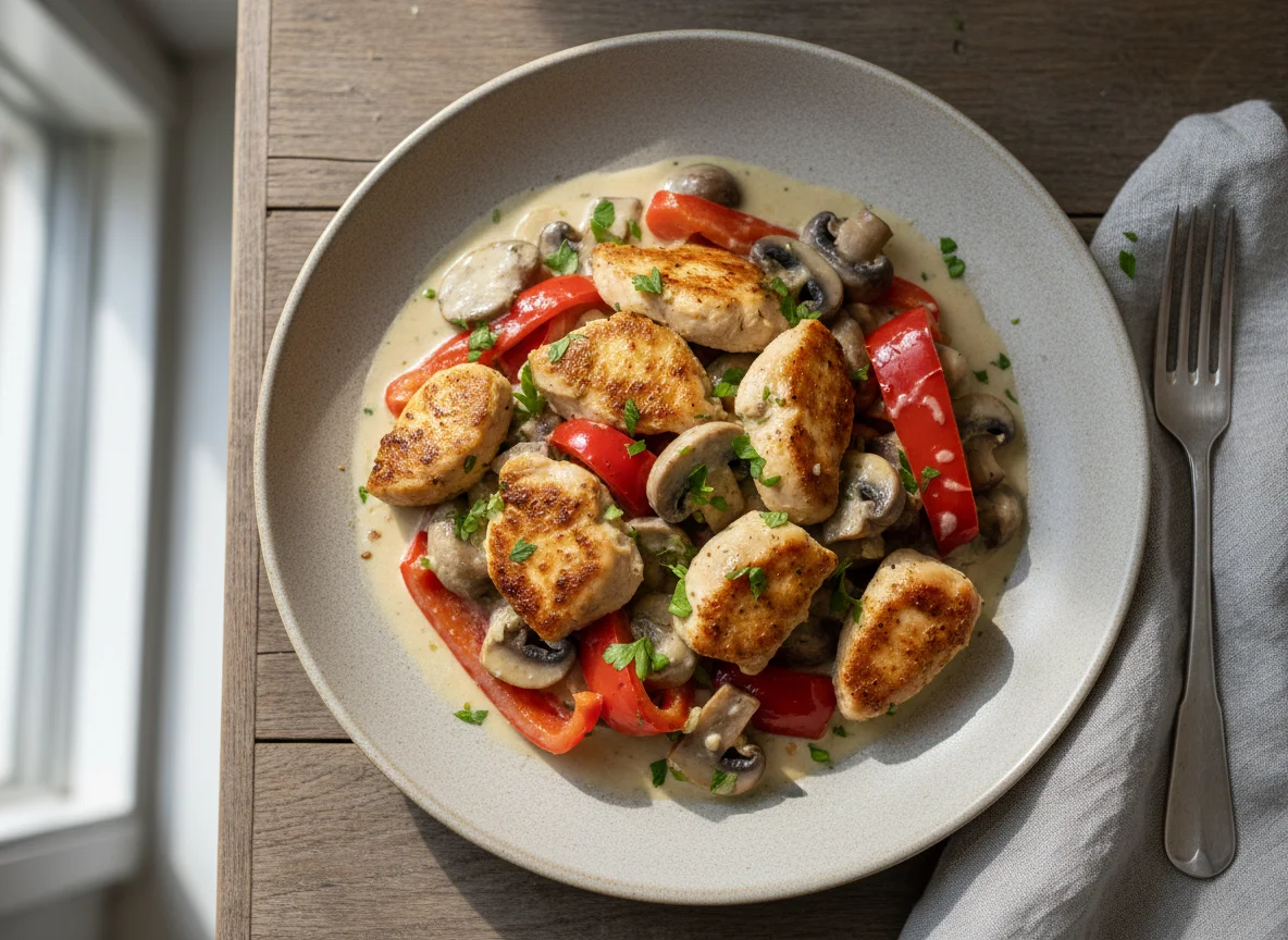 Hähnchen-Gemüse-Pfanne mit Sauce photo