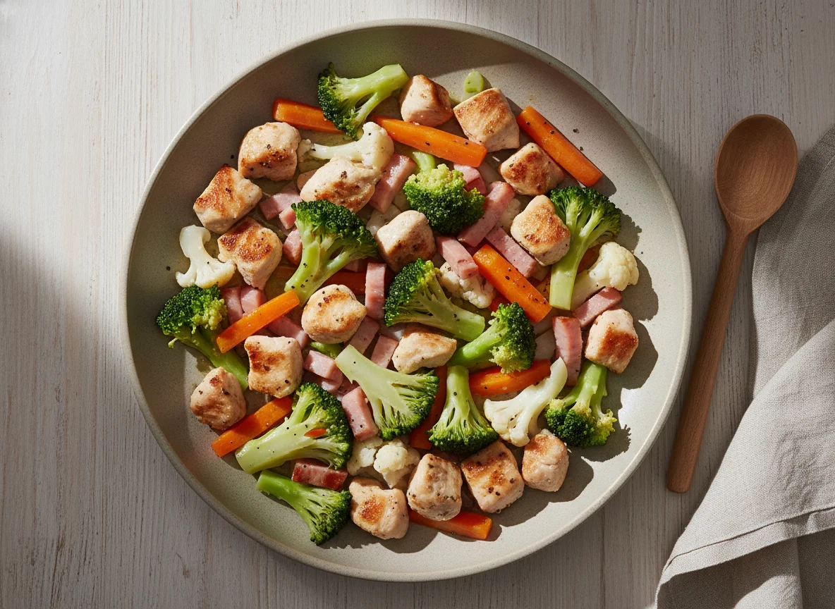 Hähnchen-Gemüse-Pfanne mit Schinken photo