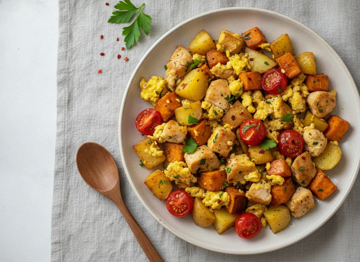 Hähnchen-Gemüse-Pfanne mit Süßkartoffeln photo