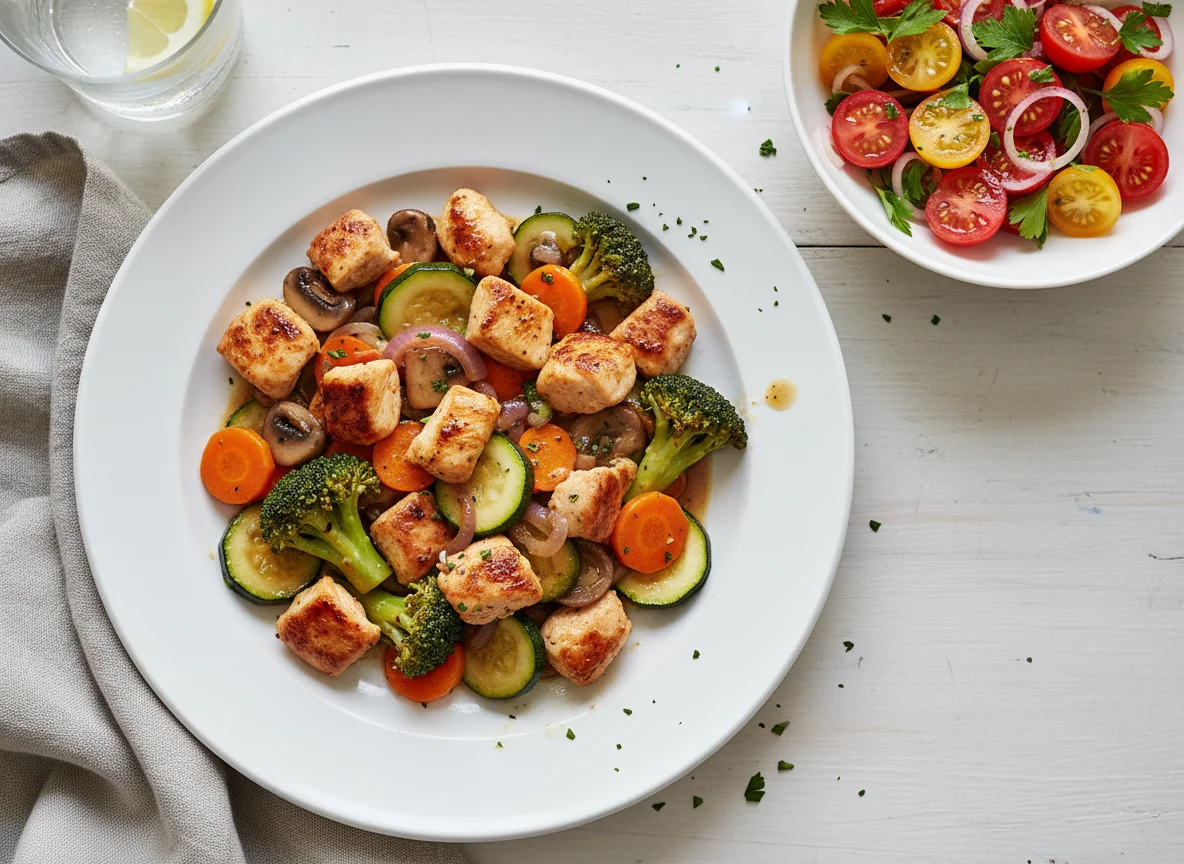 Hähnchen-Gemüsepfanne mit Tomatensalat photo