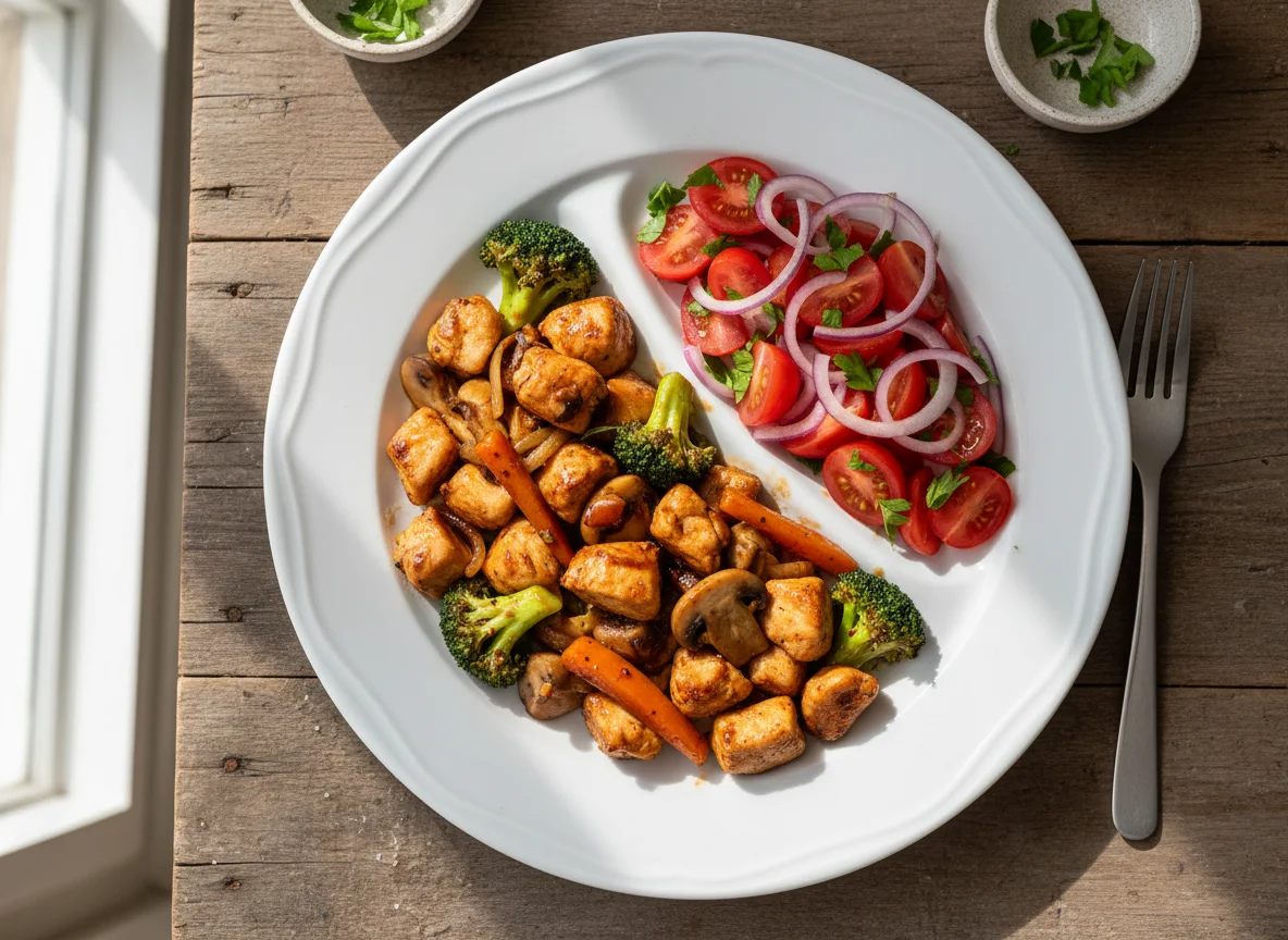 Hähnchen-Gemüse-Pfanne mit Tomatensalat photo