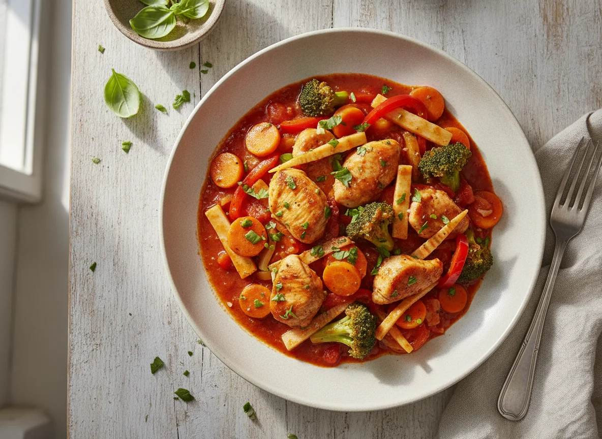 Hähnchen-Gemüse-Pfanne mit Tomatensauce photo