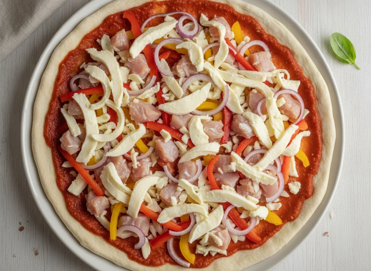 Hähnchen-Gemüse-Pizza (ungebacken) photo
