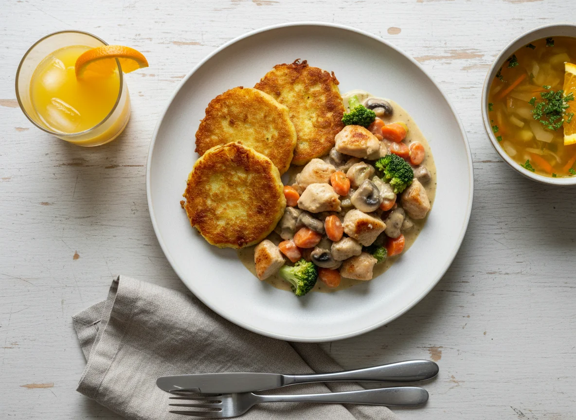 Hähnchen-Gemüse-Ragout mit Kartoffelpuffer und Suppe photo