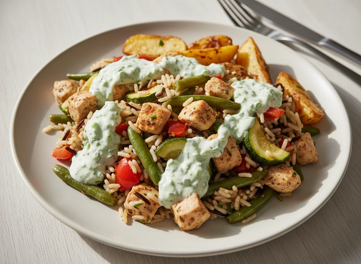 Hähnchen-Gemüse-Reis mit Kartoffeln und Soße photo