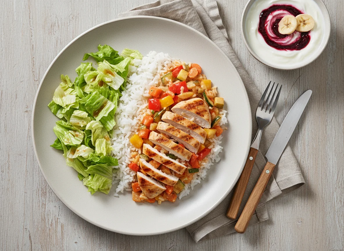 Hähnchen-Gemüse-Reis mit Salat und Joghurt photo