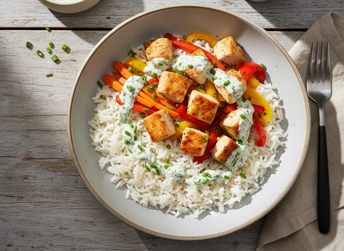 Hähnchen-Gemüse-Reis-Bowl photo