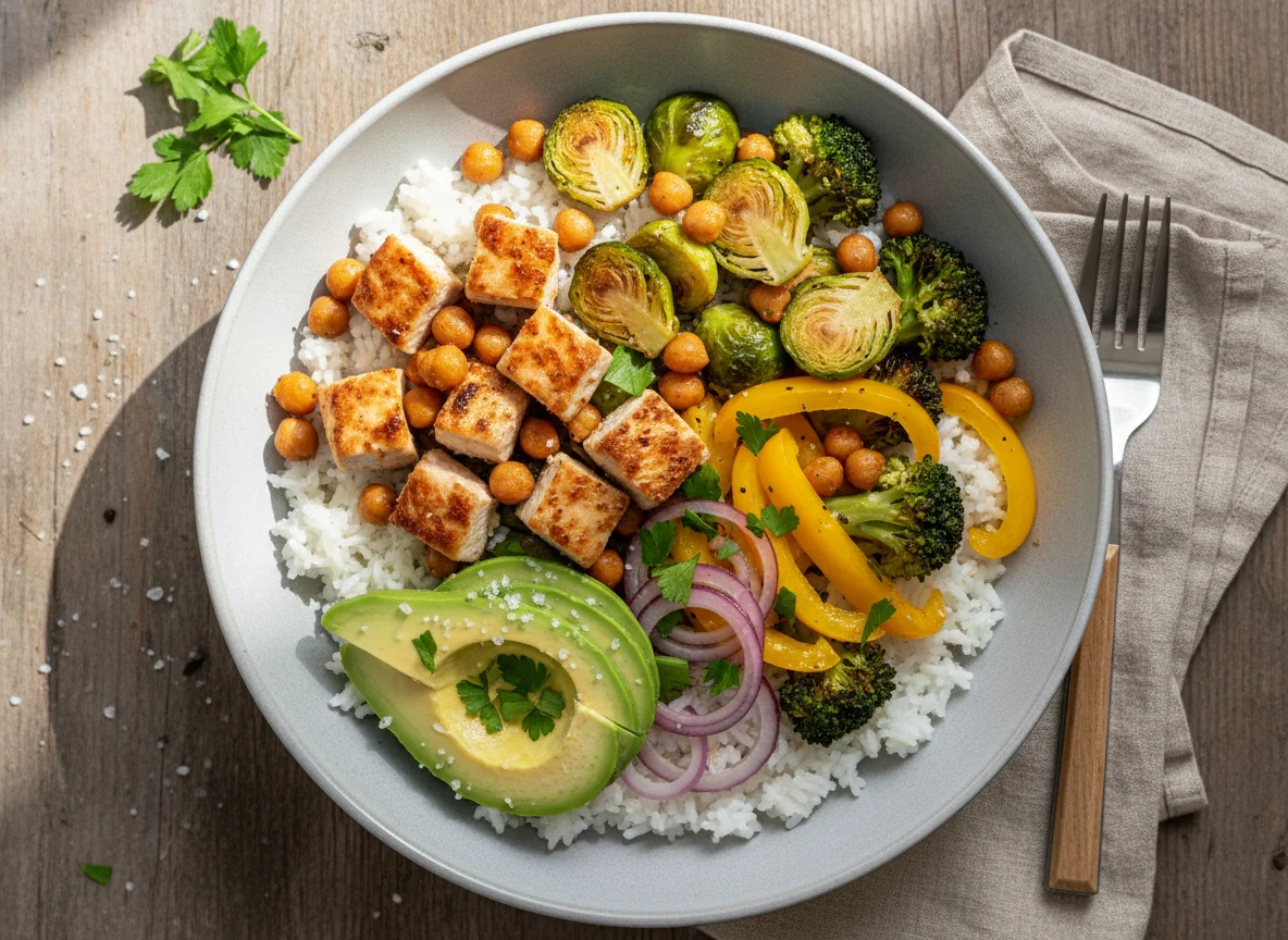 Hähnchen-Gemüse-Reis-Bowl mit Avocado photo