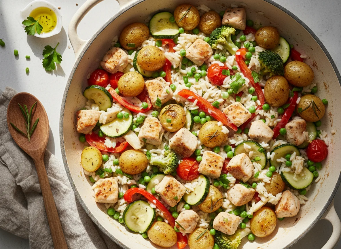 Hähnchen-Gemüse-Reis-Pfanne mit Kartoffeln photo