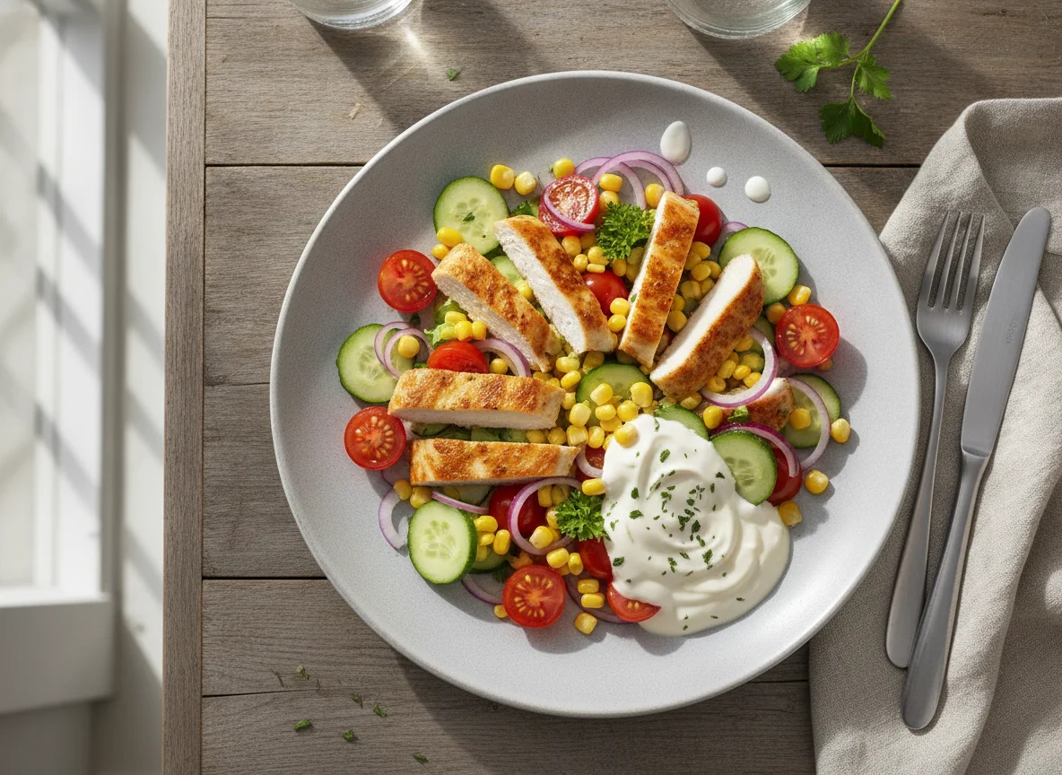 Hähnchen-Gemüse-Salat mit cremiger Sauce photo