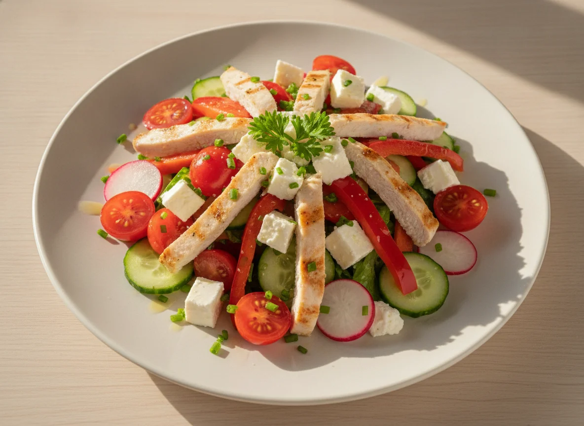 Hähnchen-Gemüse-Salat mit Feta photo