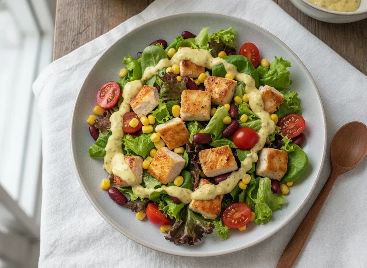 Hähnchen-Gemüse-Salat mit Senf-Dressing photo