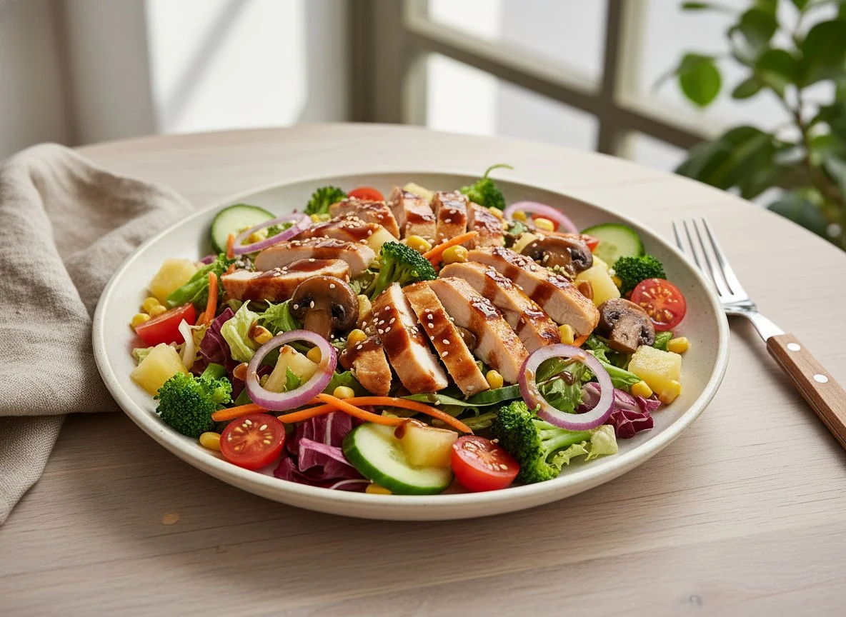 Hähnchen-Gemüse-Salat mit Teriyaki-Dressing photo