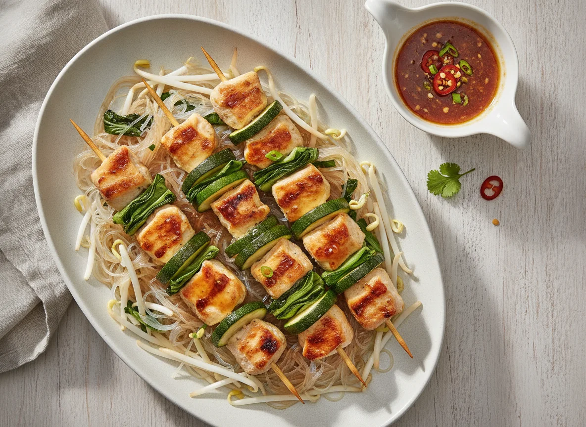 Hähnchen-Gemüse-Spieße mit Sauce photo