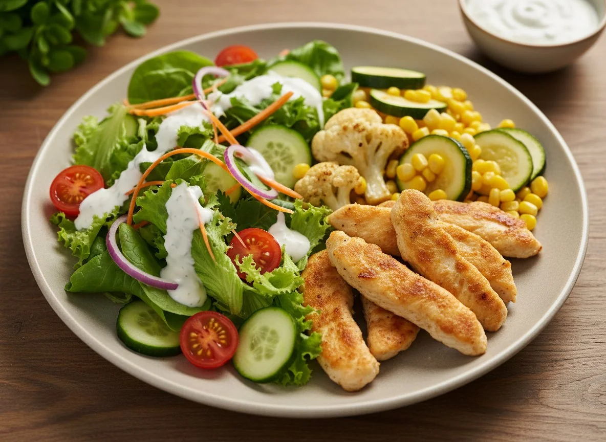 Hähnchen-Gemüse-Teller mit Salat und Dressing photo
