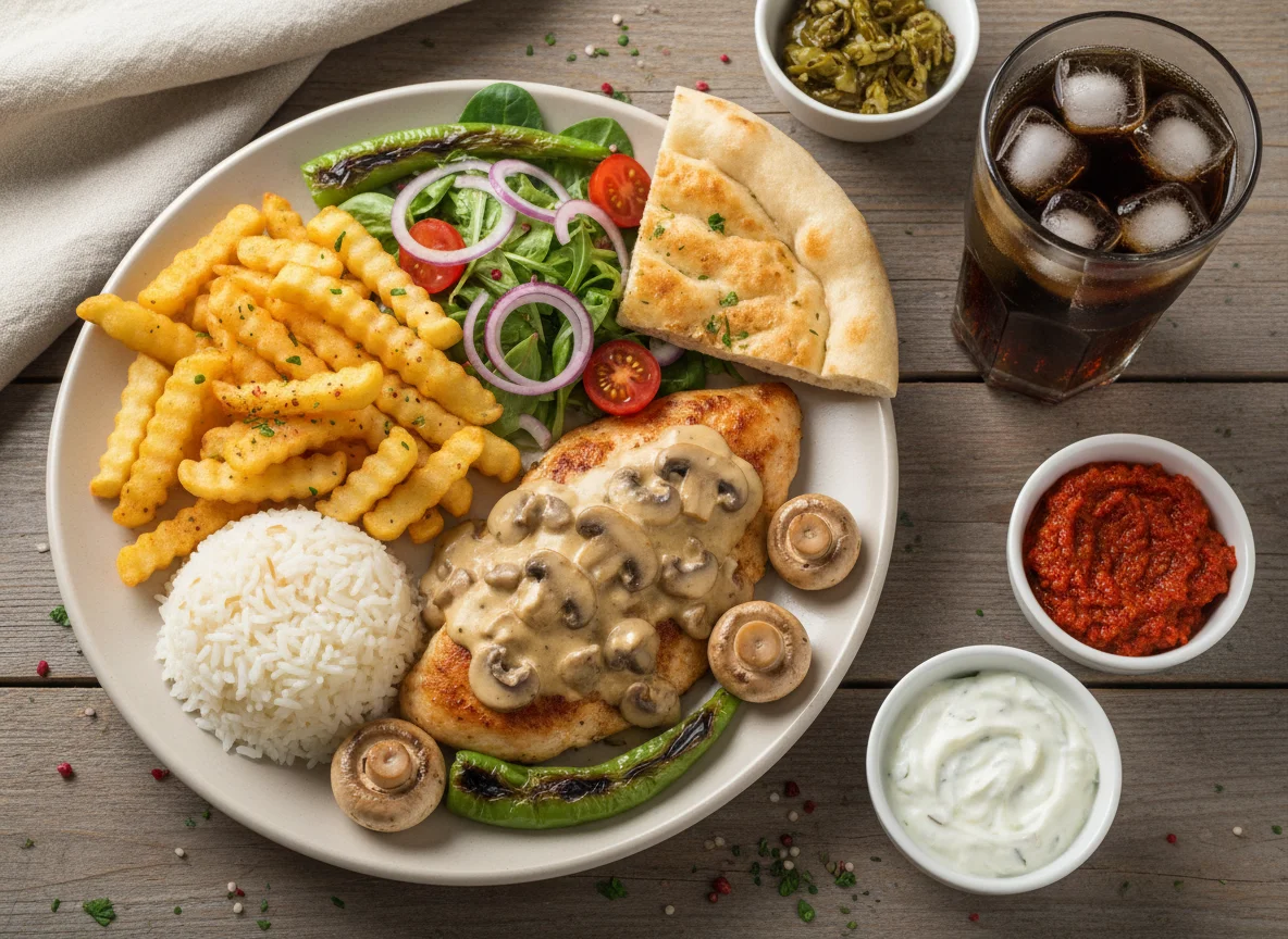 Hähnchengericht mit Pommes und Salat photo