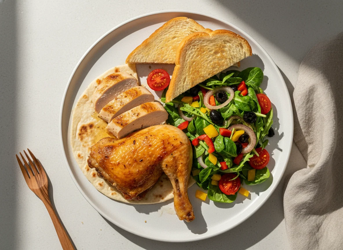 Hähnchengericht mit Salat und Toast photo