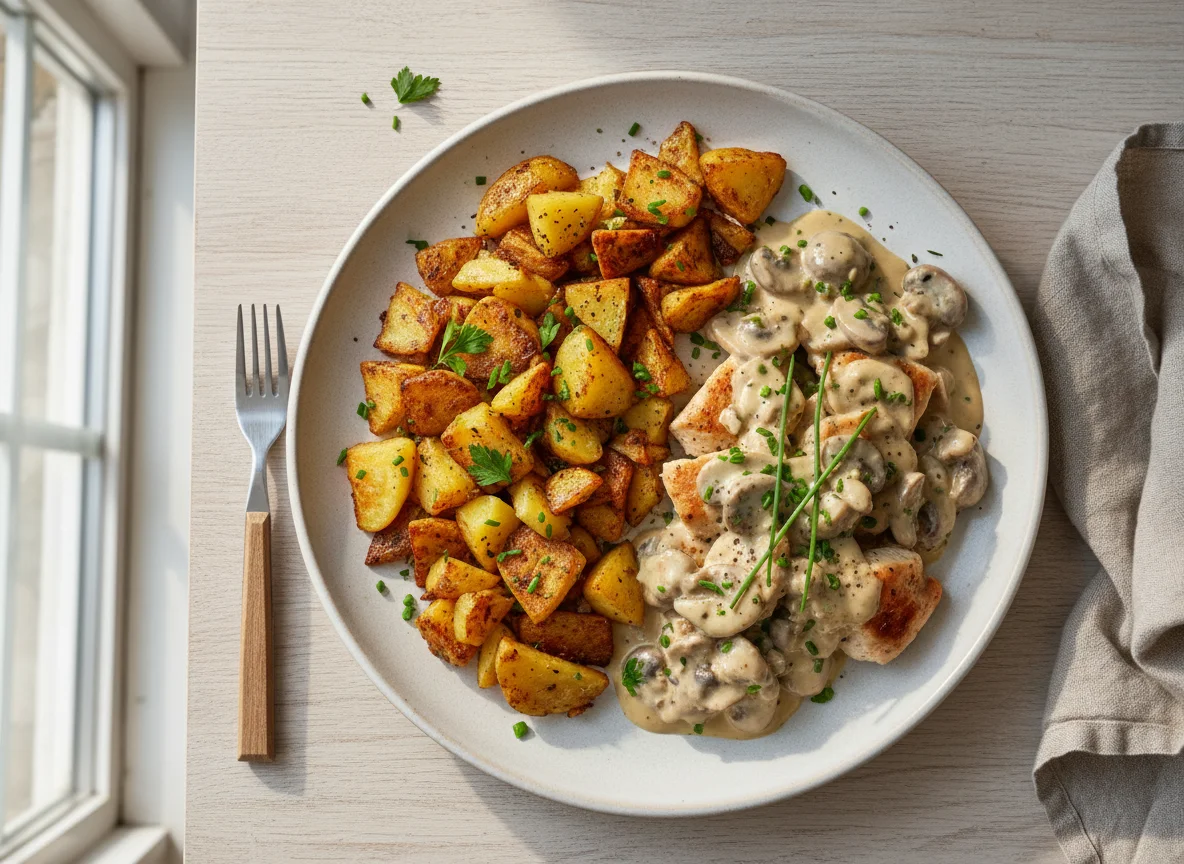 Hähnchengeschnetzeltes mit Bratkartoffeln photo