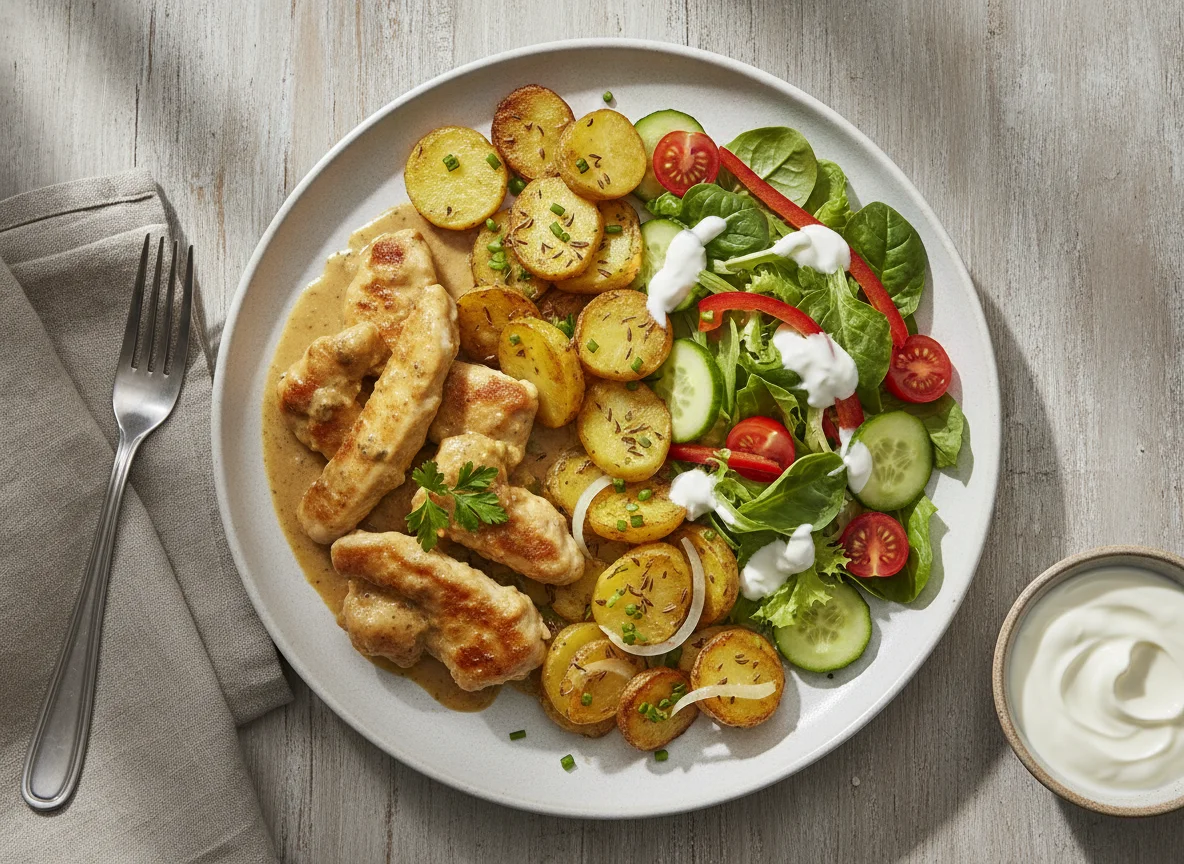 Hähnchengeschnetzeltes mit Bratkartoffeln und gemischtem Salat photo