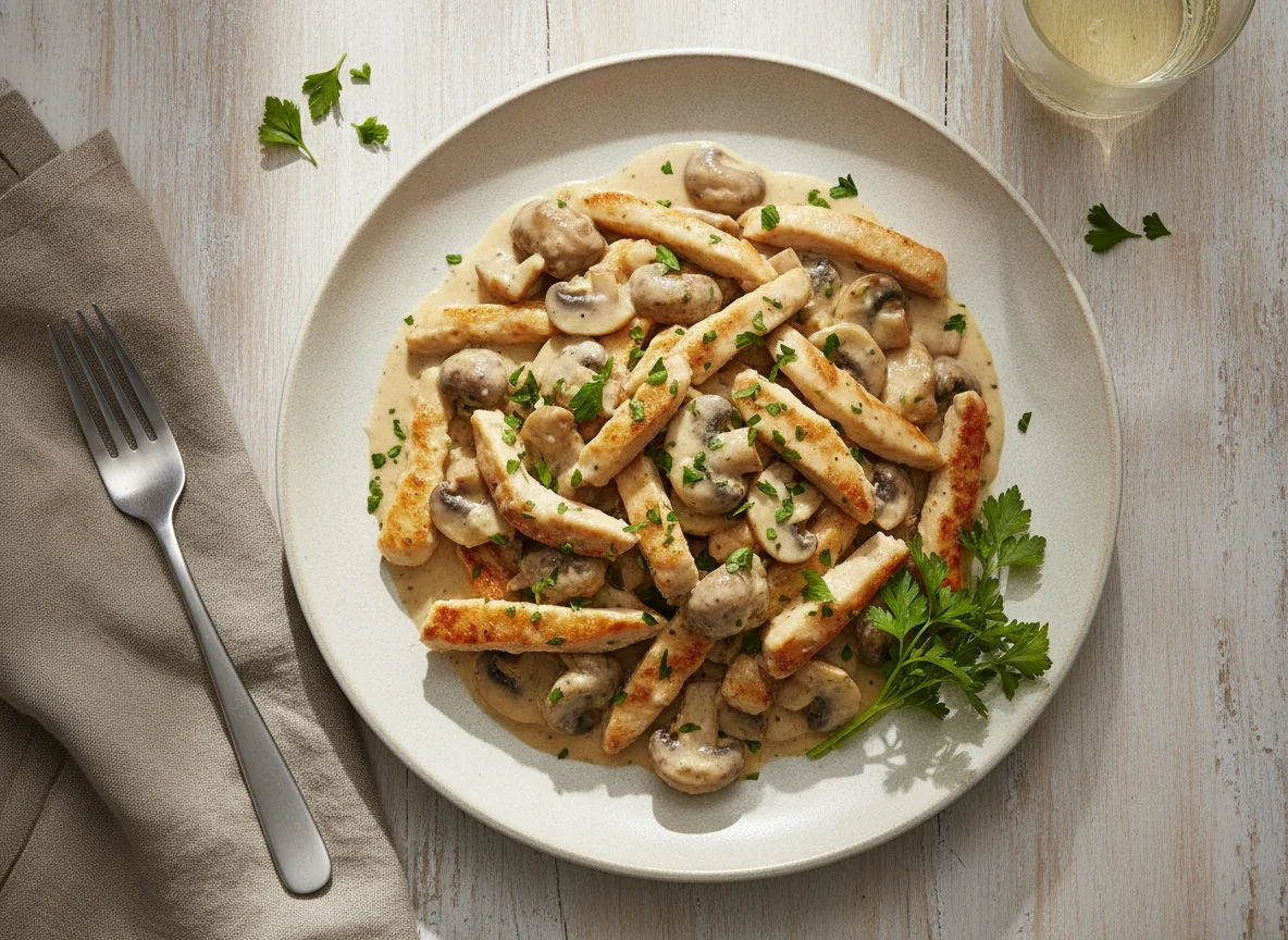 Hähnchen-Geschnetzeltes mit Champignons in Sahnesauce photo