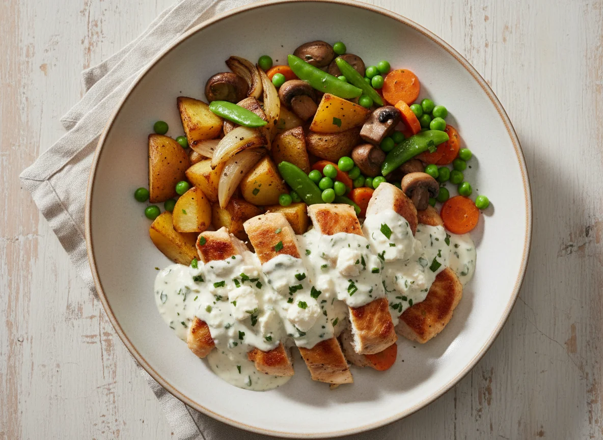 Hähnchengeschnetzeltes mit Feta-Sahne-Soße und Gemüse photo