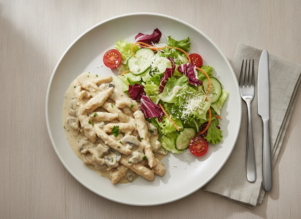 Hähnchengeschnetzeltes mit gemischtem Salat photo